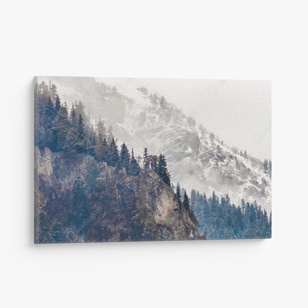 Leinwandbild nebliger berg mit felsklippe und kieferwald – Wallnifity®