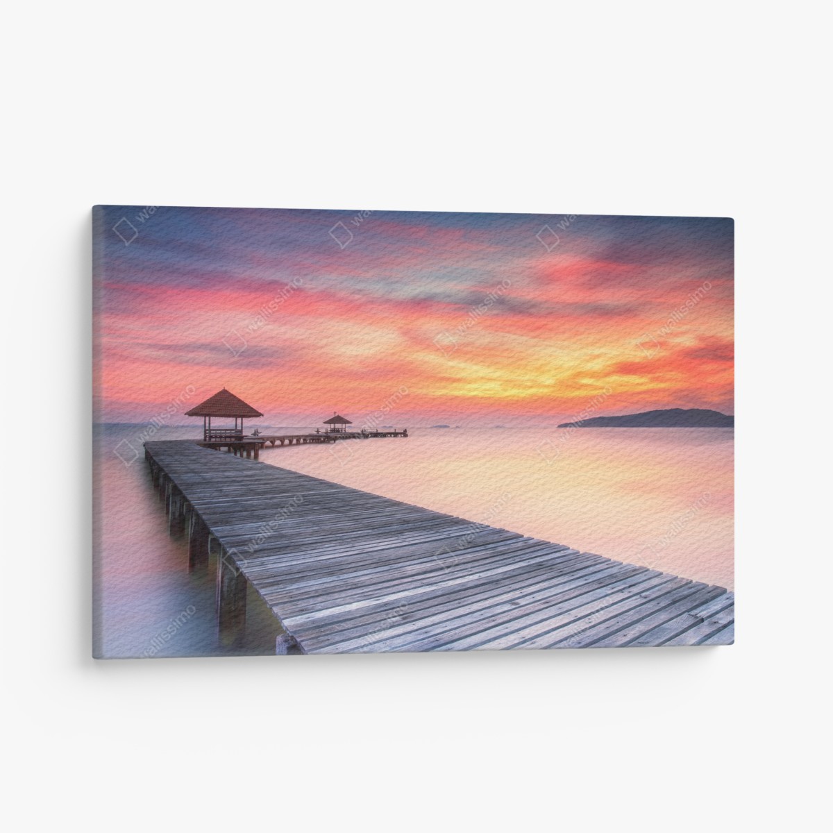 Leinwandbild ruhiger sonnenaufgang über hölzernem steg – Wallnifity®