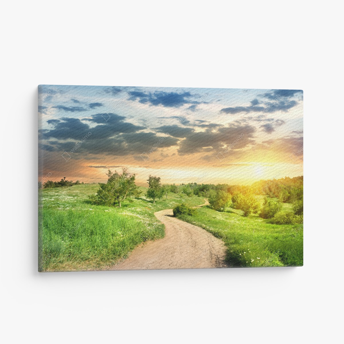Leinwandbild sonnenuntergang über einem feldweg durch grüne wiese – Wallnifity®