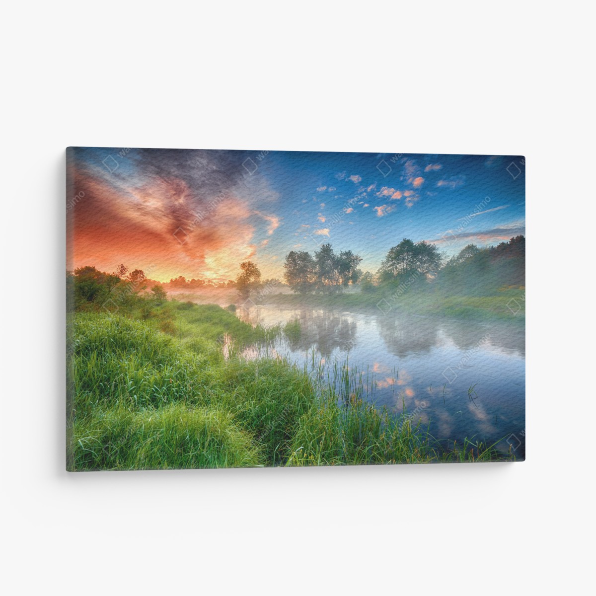 Leinwandbild nebel bei sonnenaufgang am flussufer – Wallnifity®