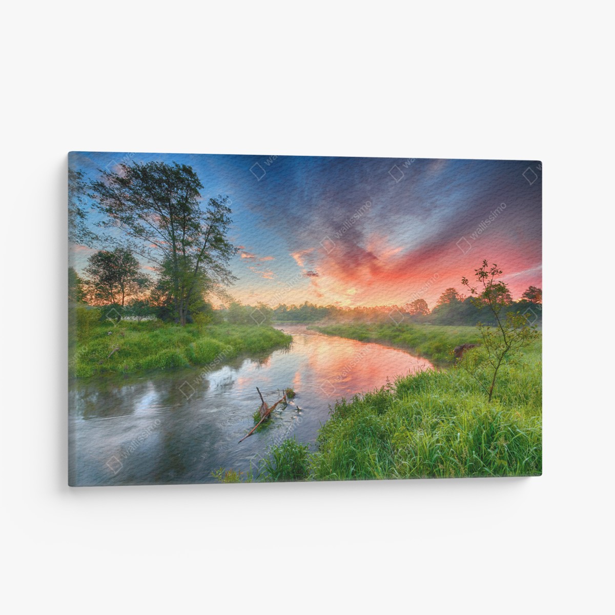 Leinwandbild sonnenaufgang über einem nebligen flussufer – Wallnifity®