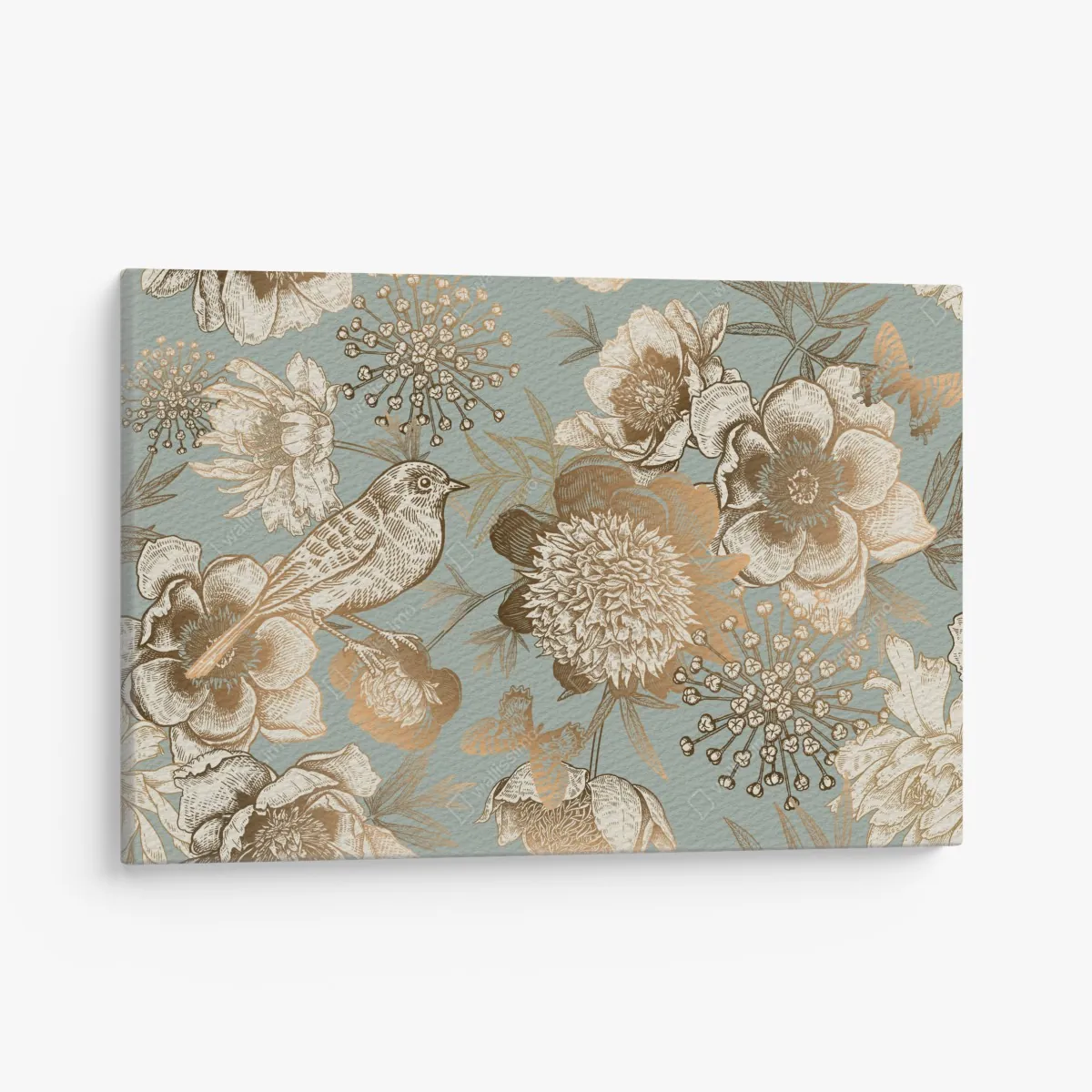 Leinwandbild vintage botanisches blumenmotiv mit vogel – Wallnifity®