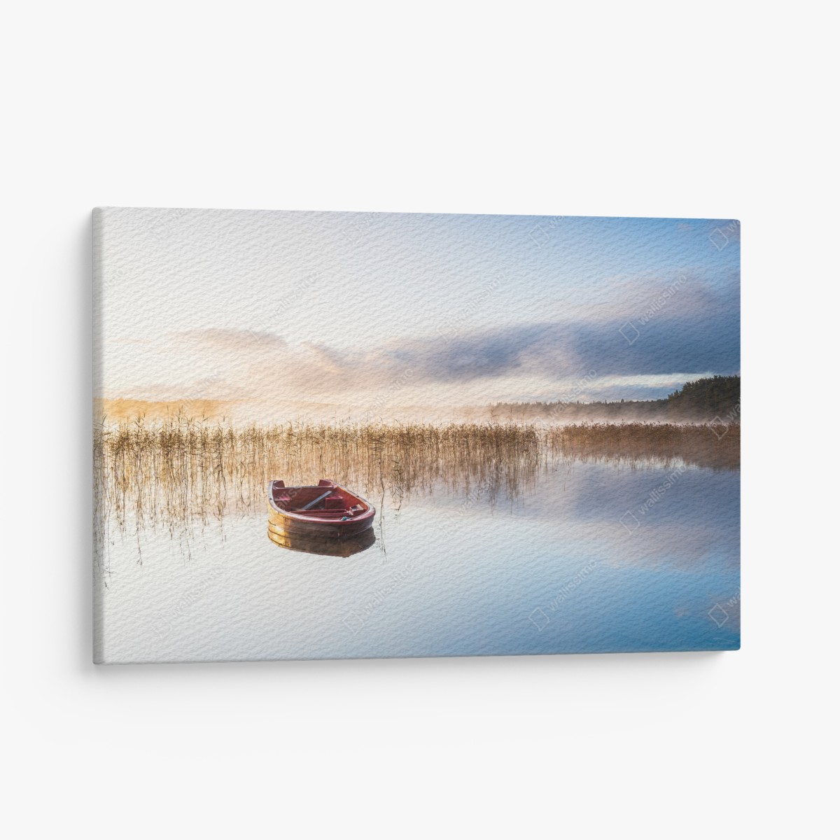 Leinwandbild nebliger morgen am see mit rotem boot – Wallnifity®