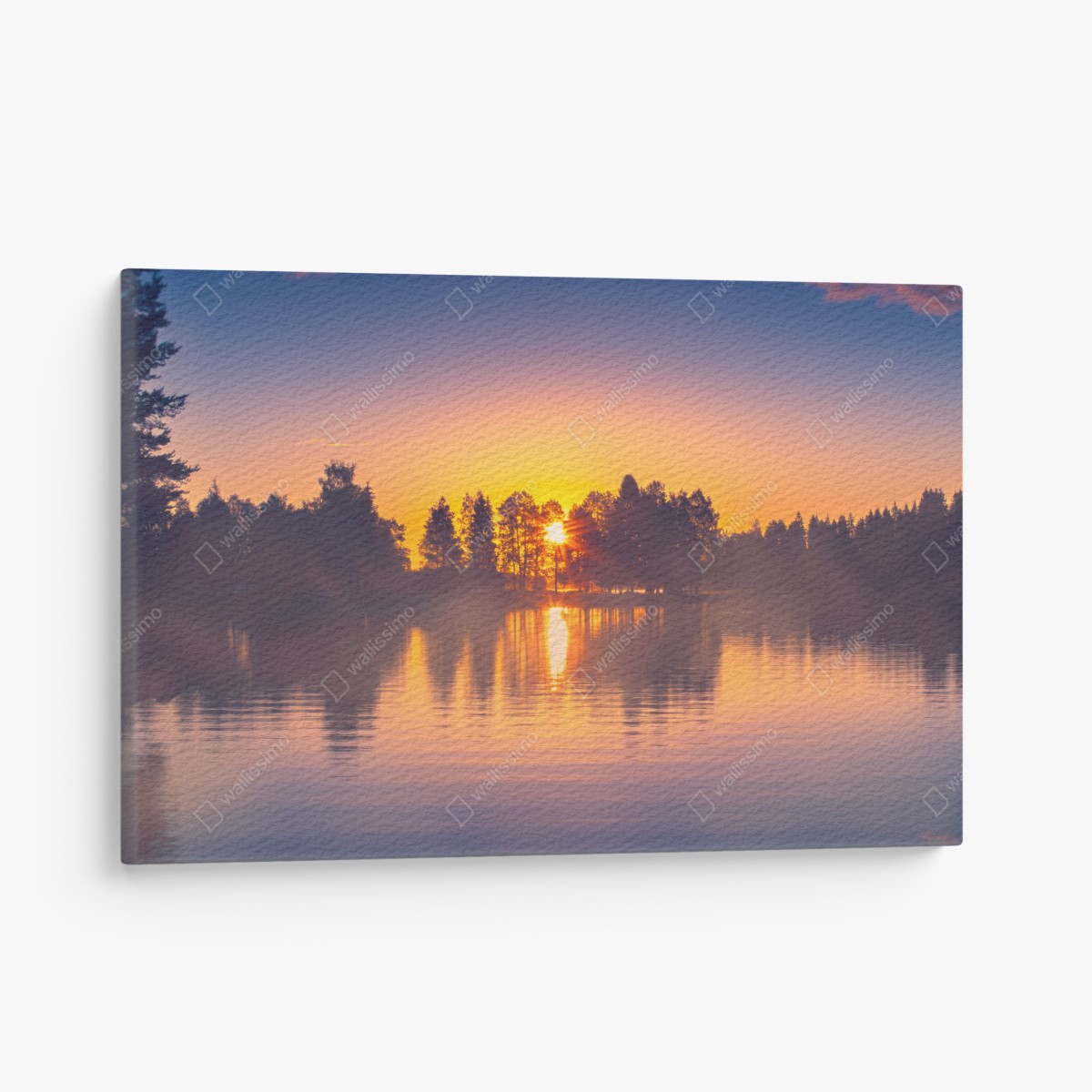 Leinwandbild nebliger sonnuntergang am see – Wallnifity®