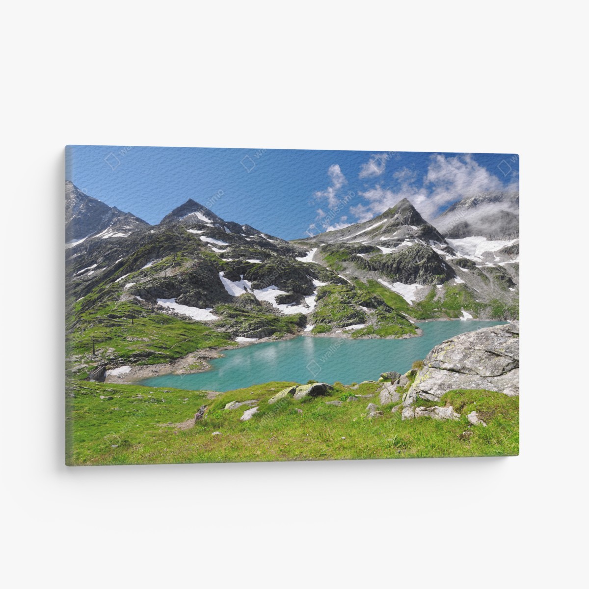 Leinwandbild bergsee mit türkiswasser und gebirgspanorama – Wallnifity®