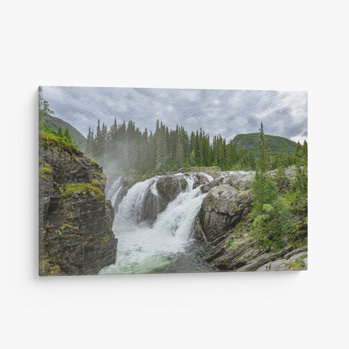 Leinwandbild nebliger wasserfall im dichten kiefernwald – Wallnifity®