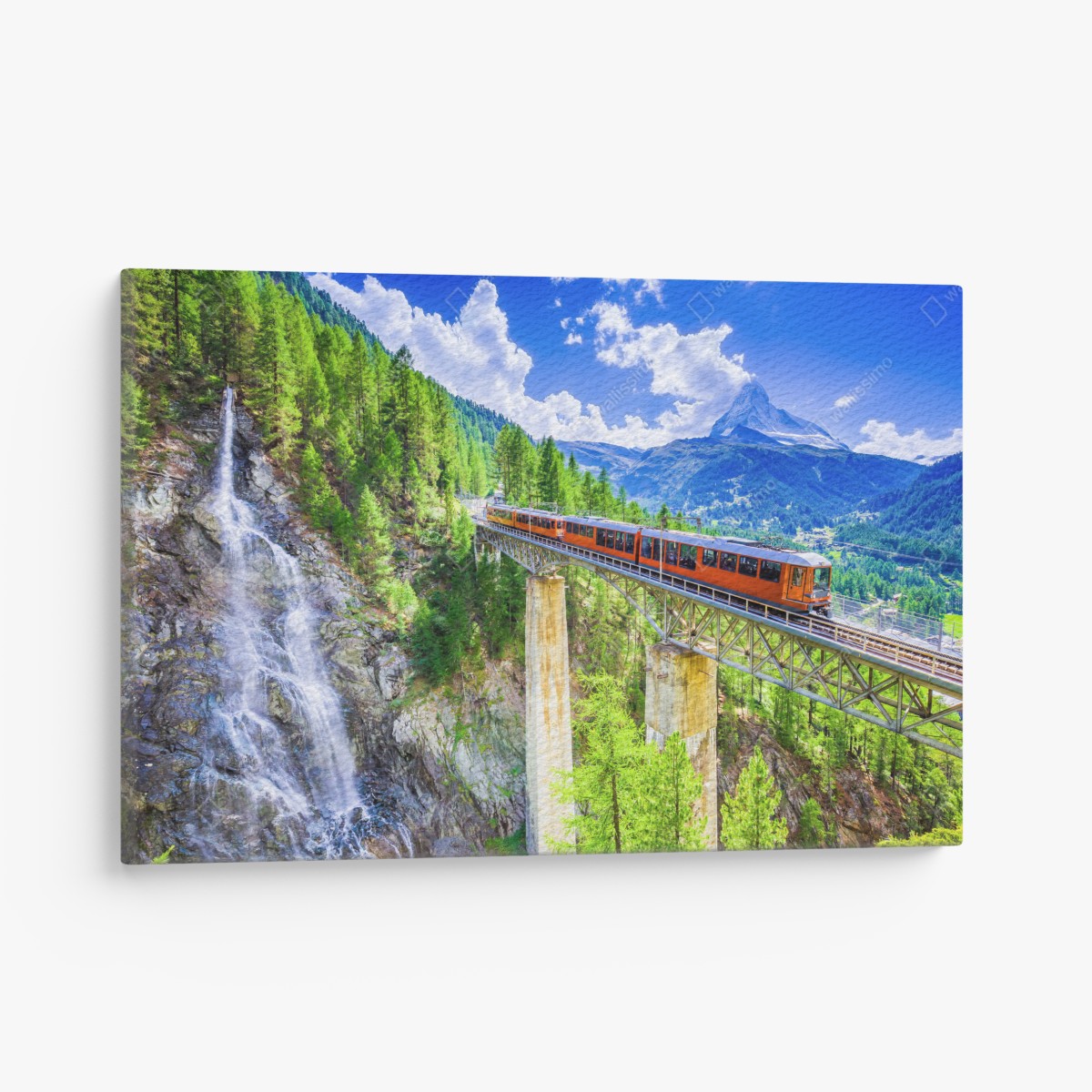 Leinwandbild Gornergrat zug auf alpenbrücke mit Matterhorn – Wallnifity®