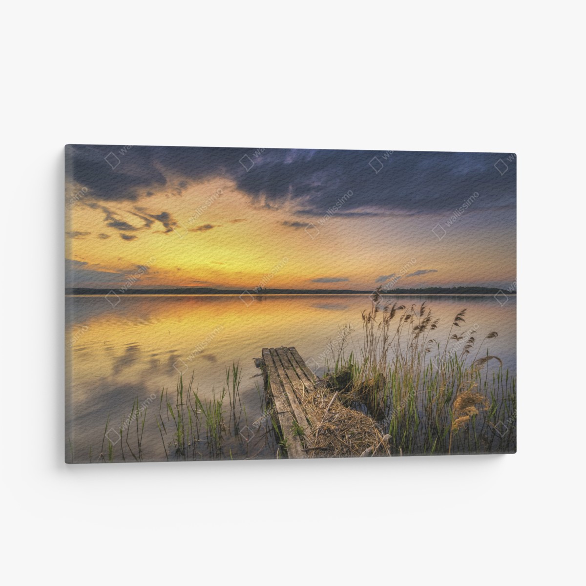 Leinwandbild goldener sonnenuntergang am see mit steg – Wallnifity®