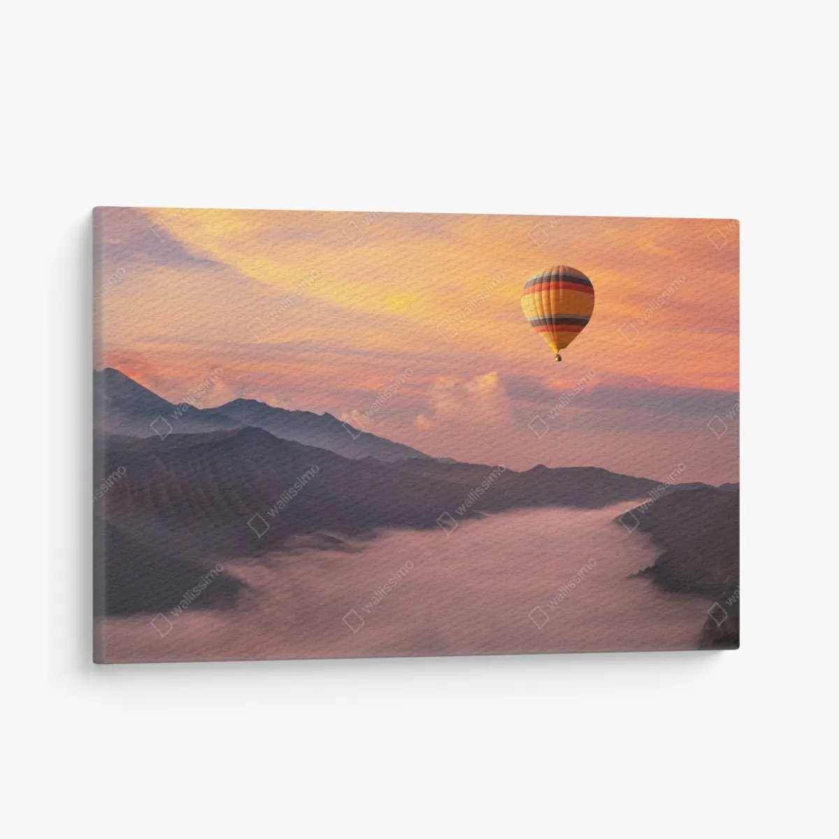 Leinwandbild heißluftballon über nebligen bergen bei sonnenaufgang – Wallnifity®