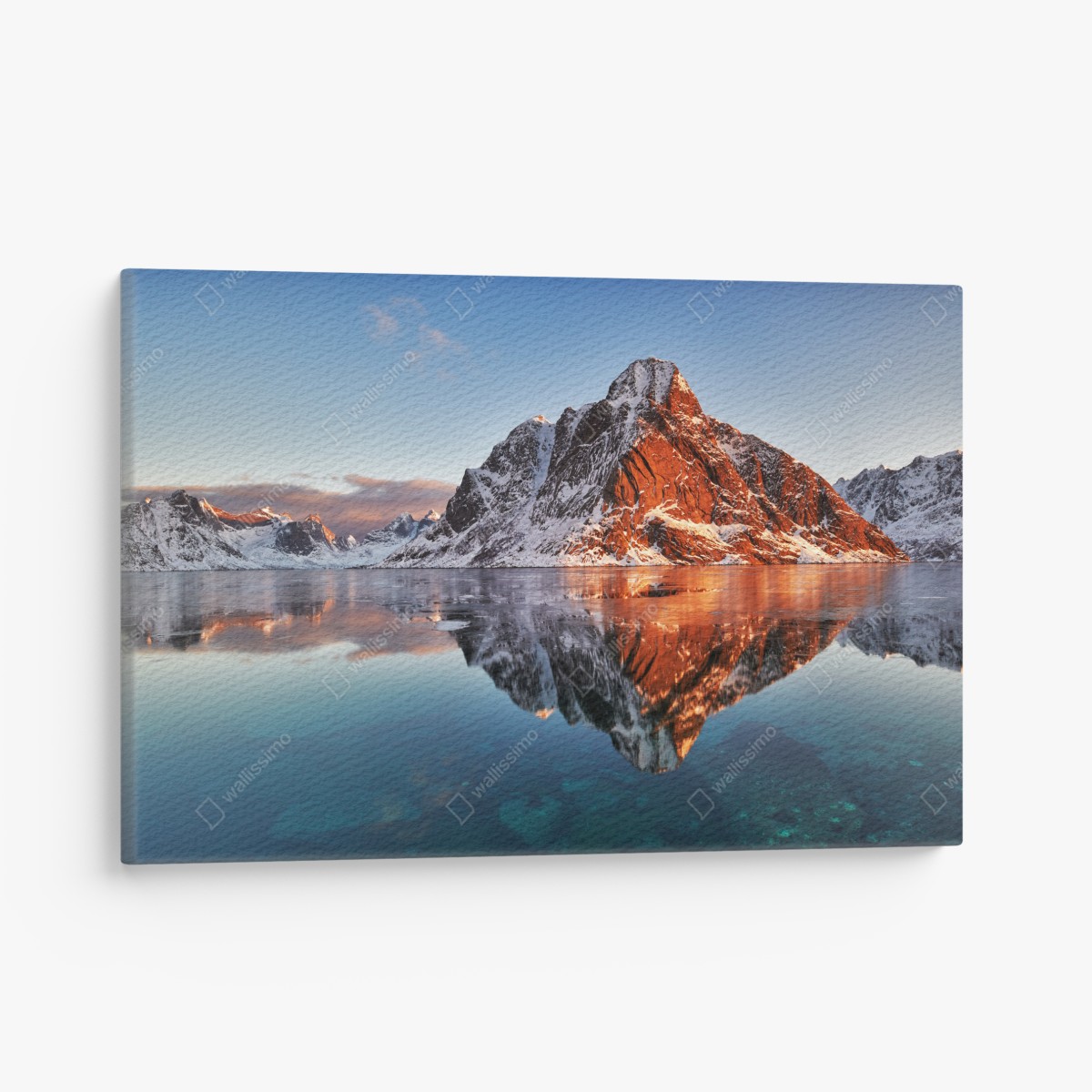 Leinwandbild Lofoten sonnenaufgang mit bergreflexion – Wallnifity®