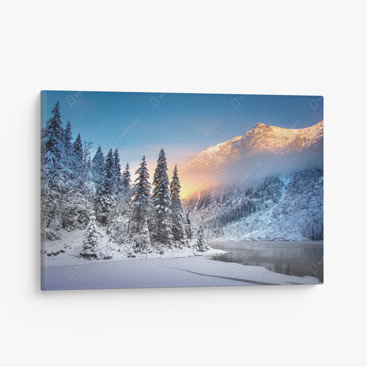 Leinwandbild wintermorgen über dem verschneiten bergsee – Wallnifity®