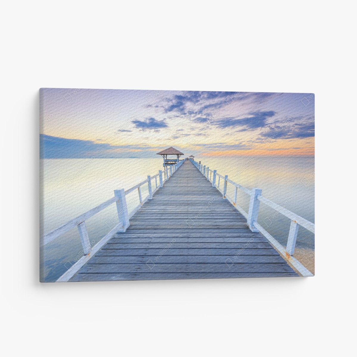 Leinwandbild ruhiger hölzerner steg bei sonnenuntergang – Wallnifity®
