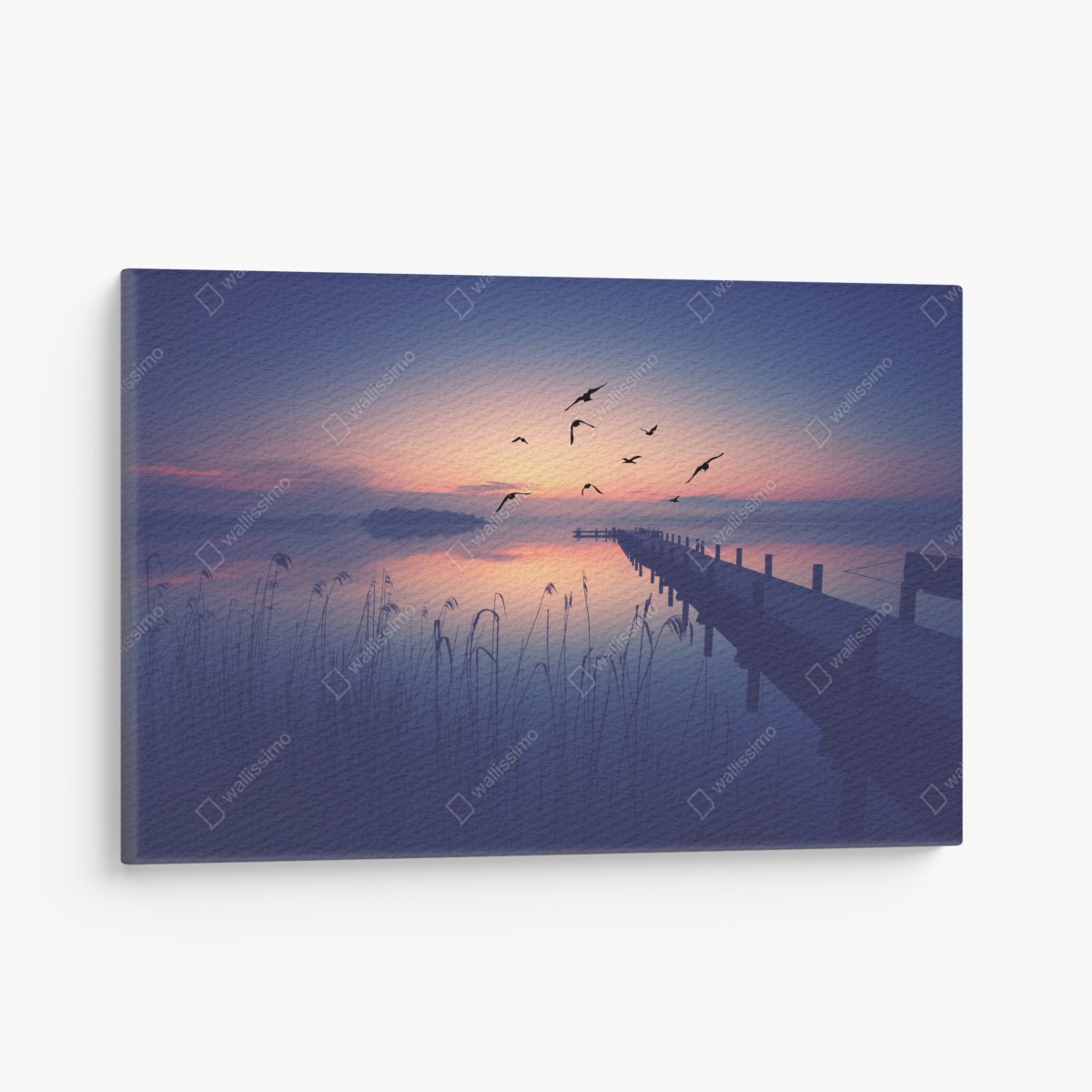 Leinwandbild ruhiger sonnenaufgang am see mit vögeln – Wallnifity®