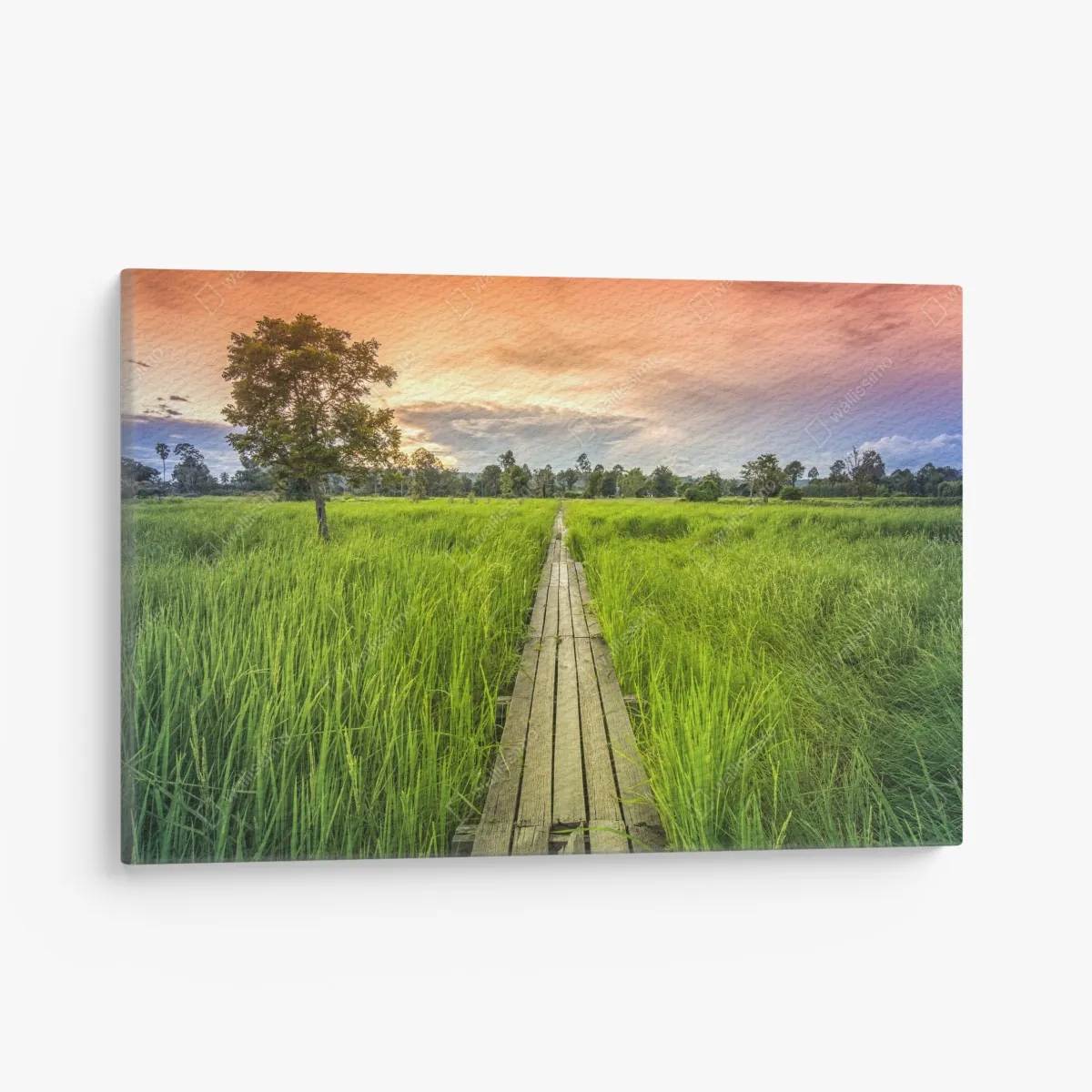 Leinwandbild sonnenuntergang über einer hölzernen brücke in Khonburi – Wallnifity®