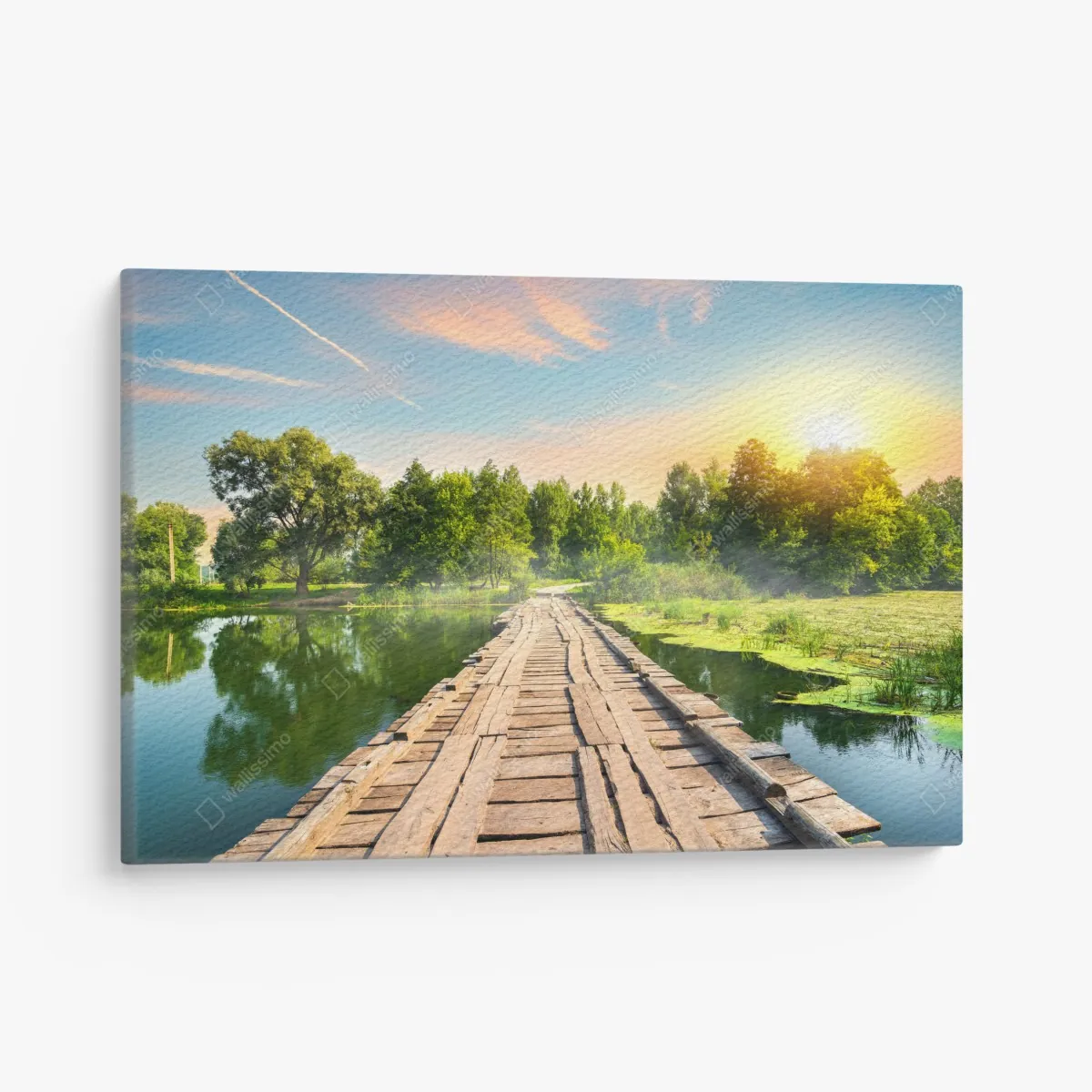 Leinwandbild sonnige hölzerne brücke über ruhigen see – Wallnifity®