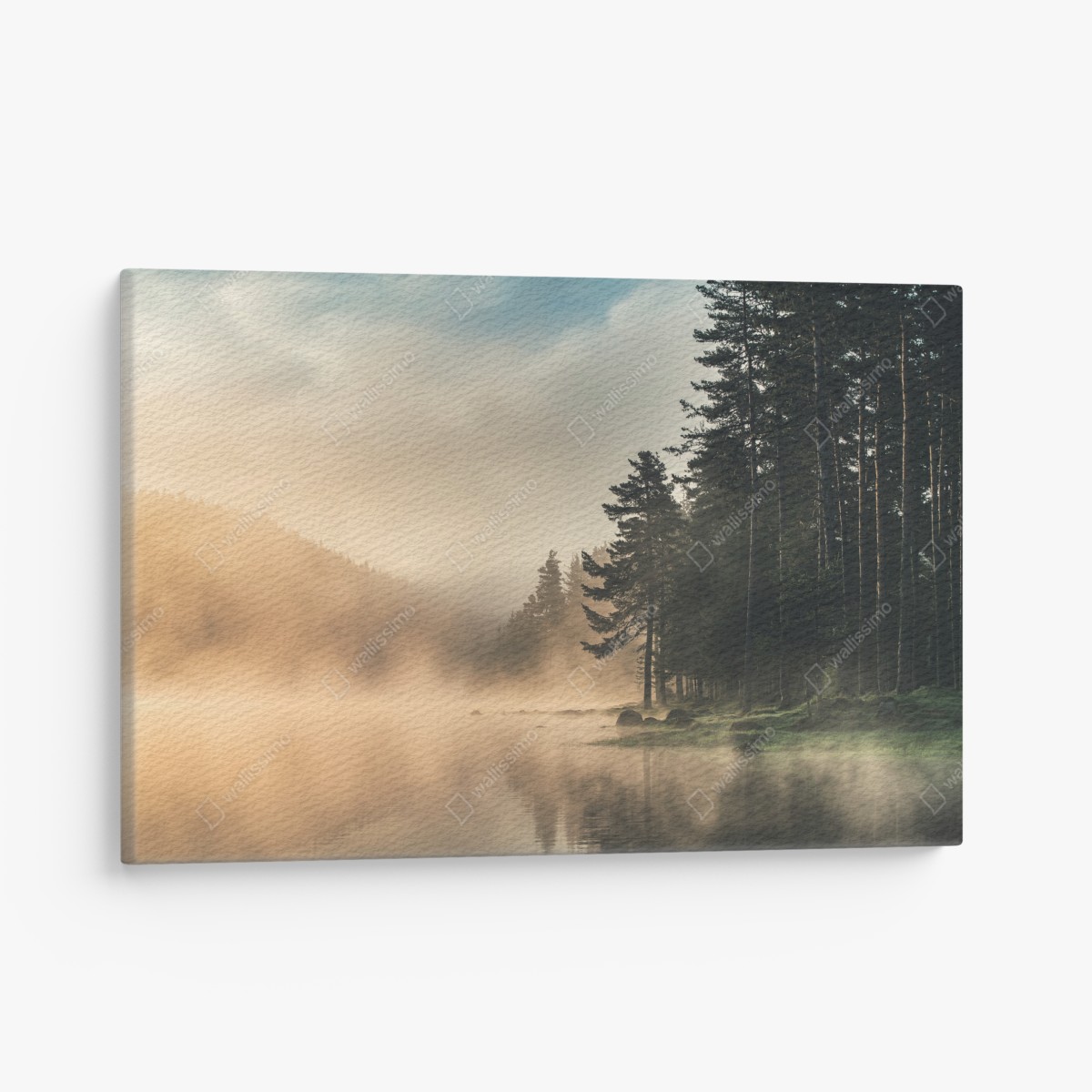 Leinwandbild nebliger sonnenaufgang über waldsee – Wallnifity®