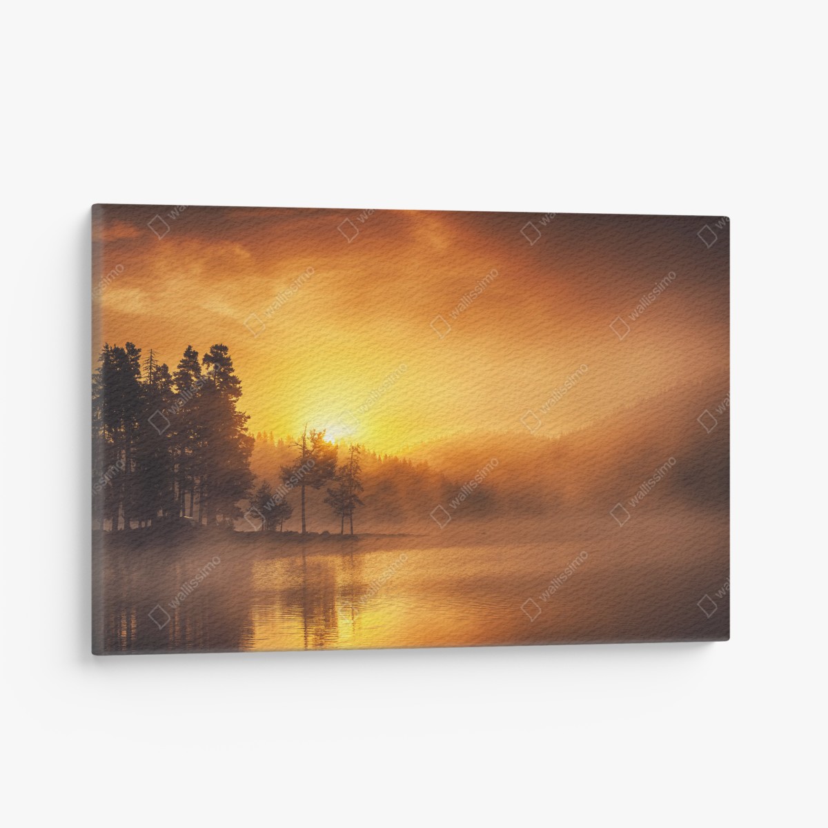 Leinwandbild goldener sonnenaufgang über dem nebligen see – Wallnifity®