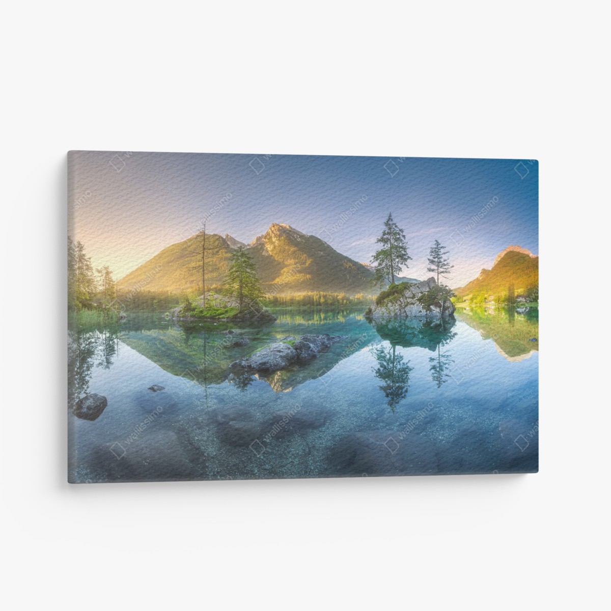 Leinwandbild alpensee bei sonnenaufgang mit spiegelnder reflexion – Wallnifity®