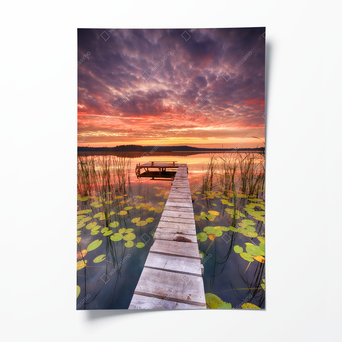 Poster sonnenaufgang über ruhigem see mit steg – Wallnifity®