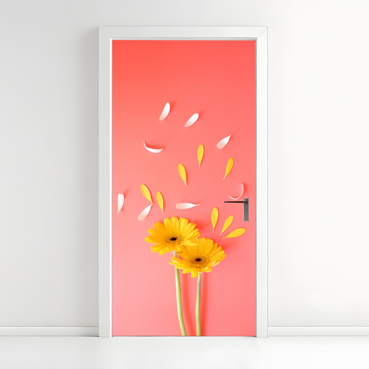 Türaufkleber sonnige gelbe gerbera auf korallfarbenem hintergrund – Wallnifity®