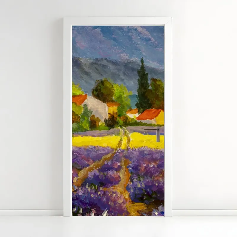 Türaufkleber nebeliger sonnenaufgang über einer ländlichen wiese – Wallnifity®