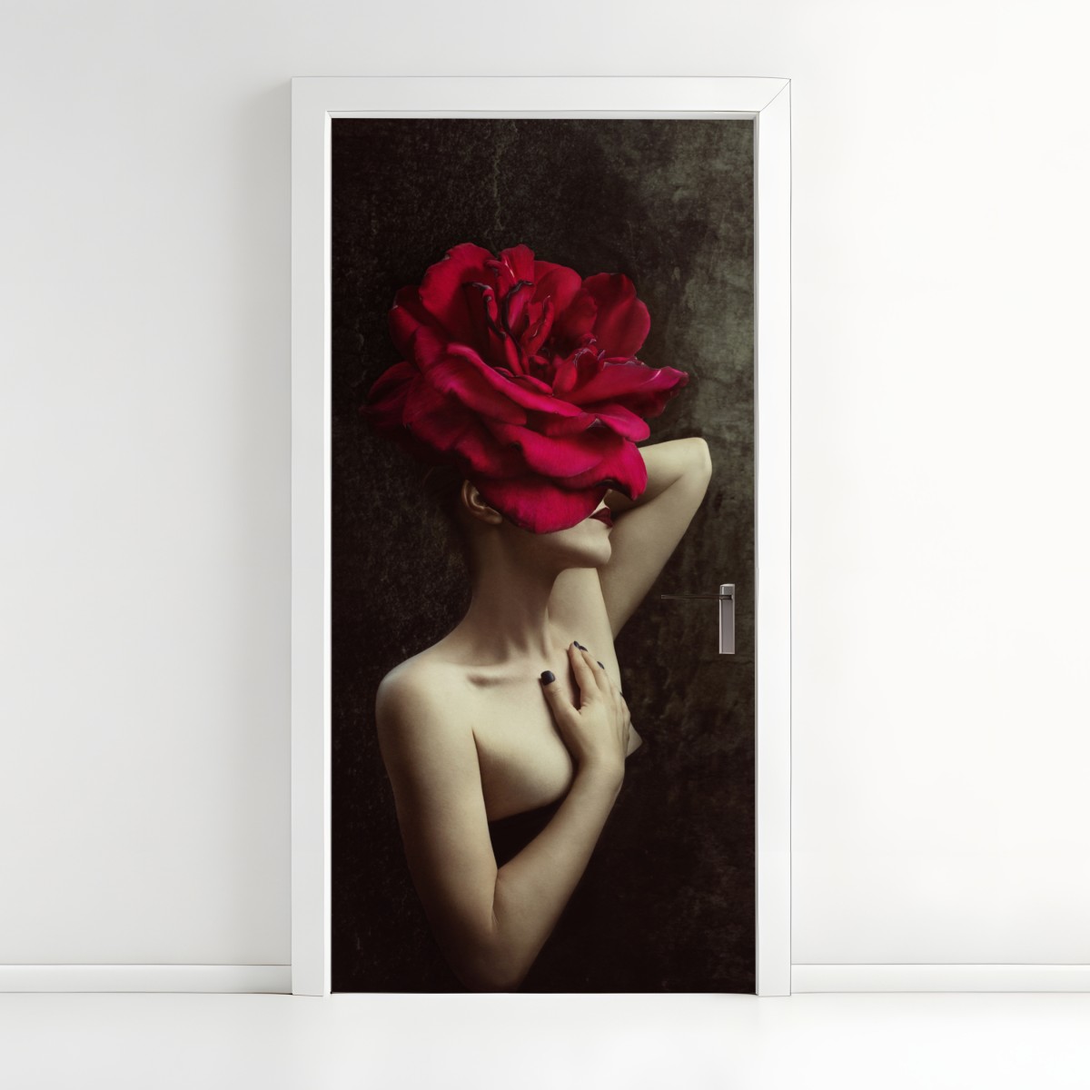 Türaufkleber frau mit rosenkopf surreales blumenporträt – Wallnifity®