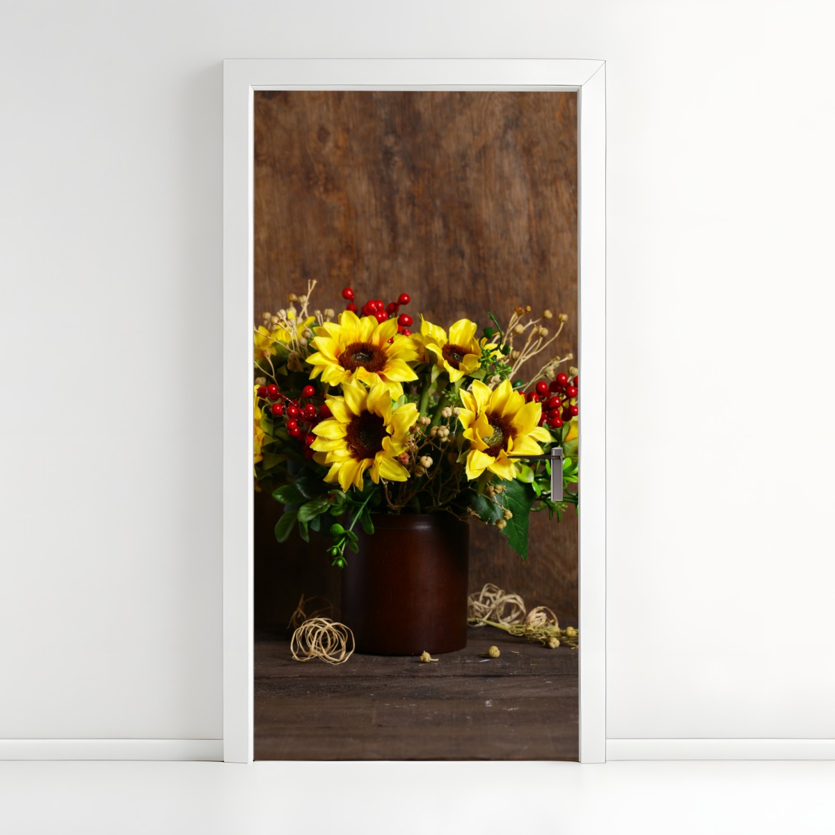 Türaufkleber herbstlicher sonnenblumenstrauß vor holzhintergrund – Wallnifity®