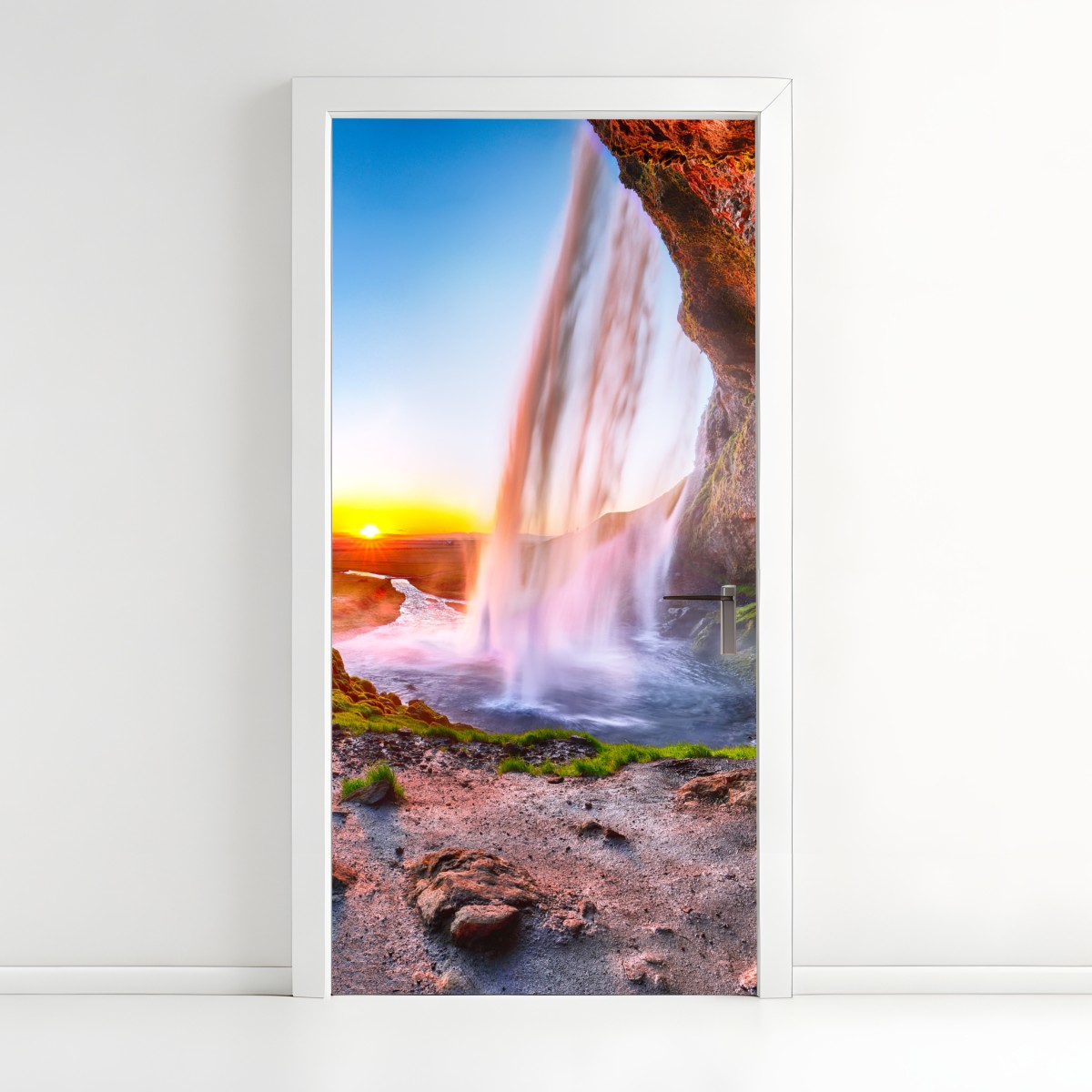 Türaufkleber Seljalandsfoss wasserfall bei sonnenuntergang – Wallnifity®