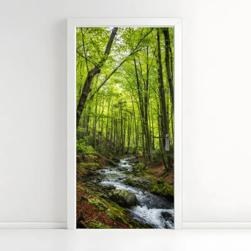 Türaufkleber sonnendurchfluteter waldbach mit moosbedeckten steinen – Wallnifity®
