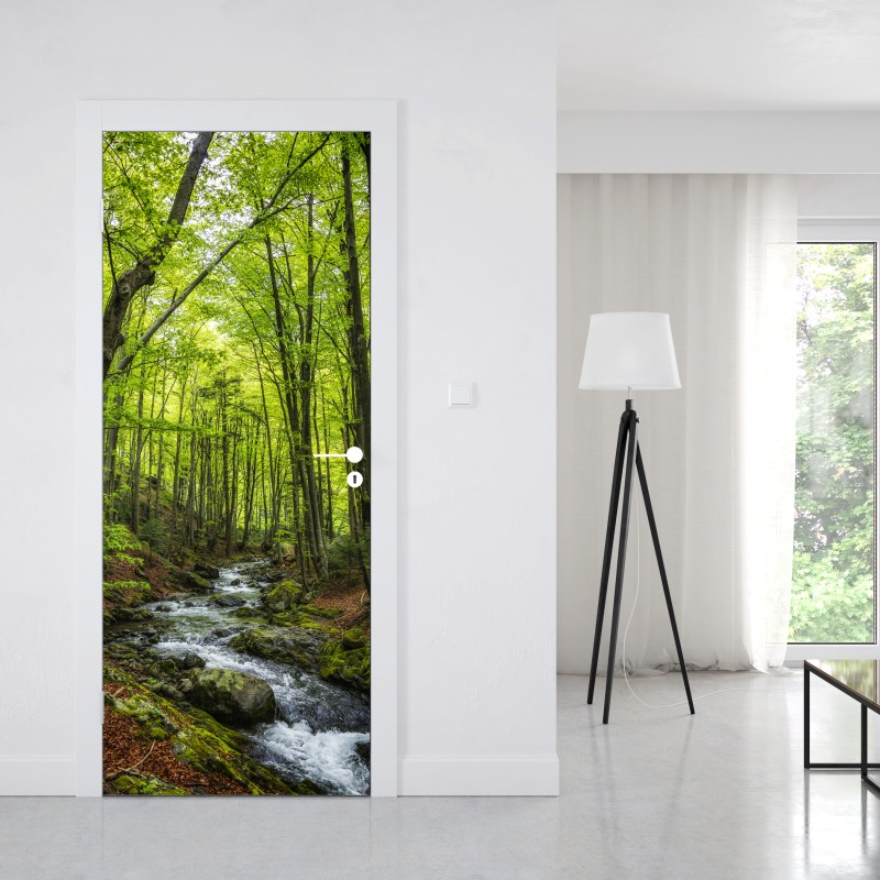 Türaufkleber sonnendurchfluteter waldbach mit moosbedeckten steinen – Wallnifity®