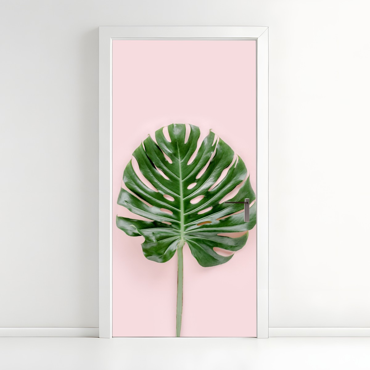 Türaufkleber monstera-blatt auf pastell-rosa hintergrund – Wallnifity®