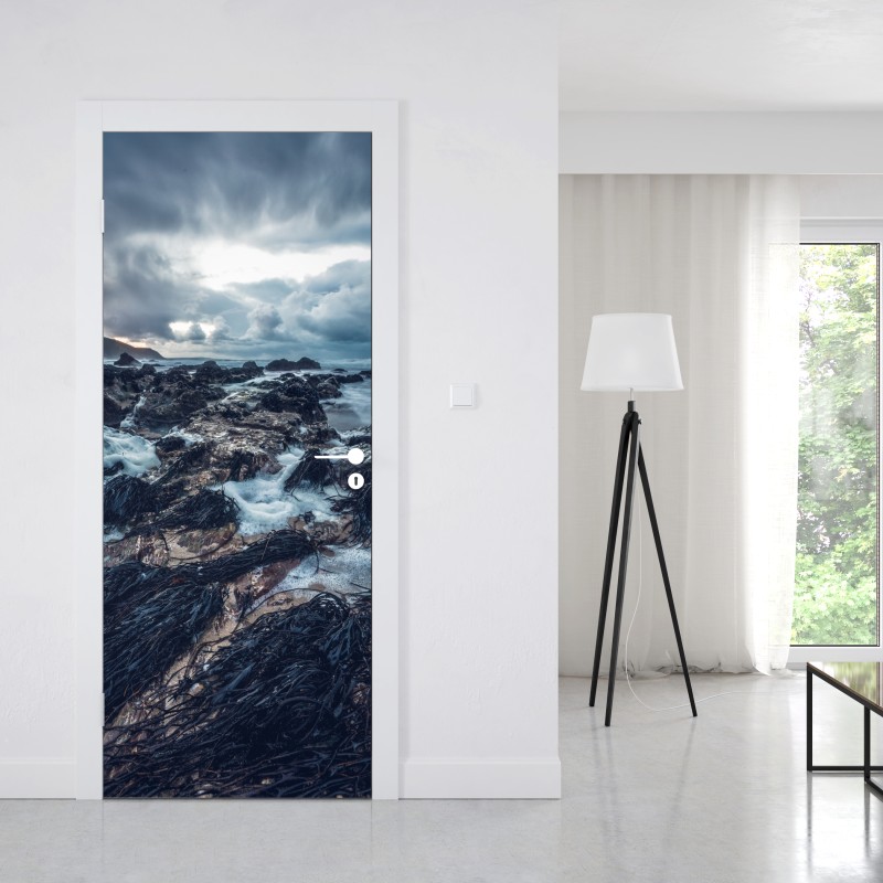 Türaufkleber tropischer strand mit palmen und segelboot – Wallnifity®