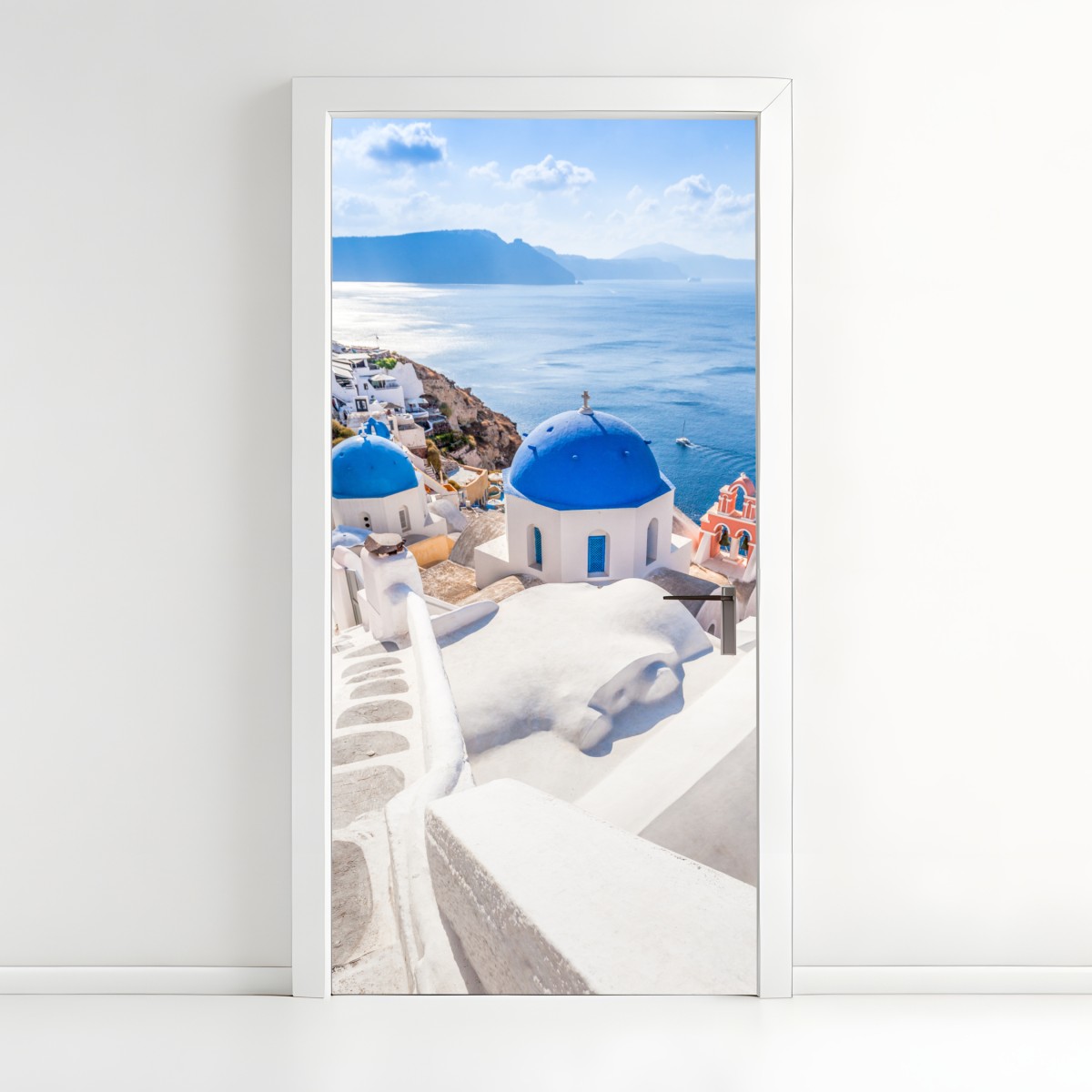 Türaufkleber sonniges Santorini blaue kuppeln und meerblick – Wallnifity®