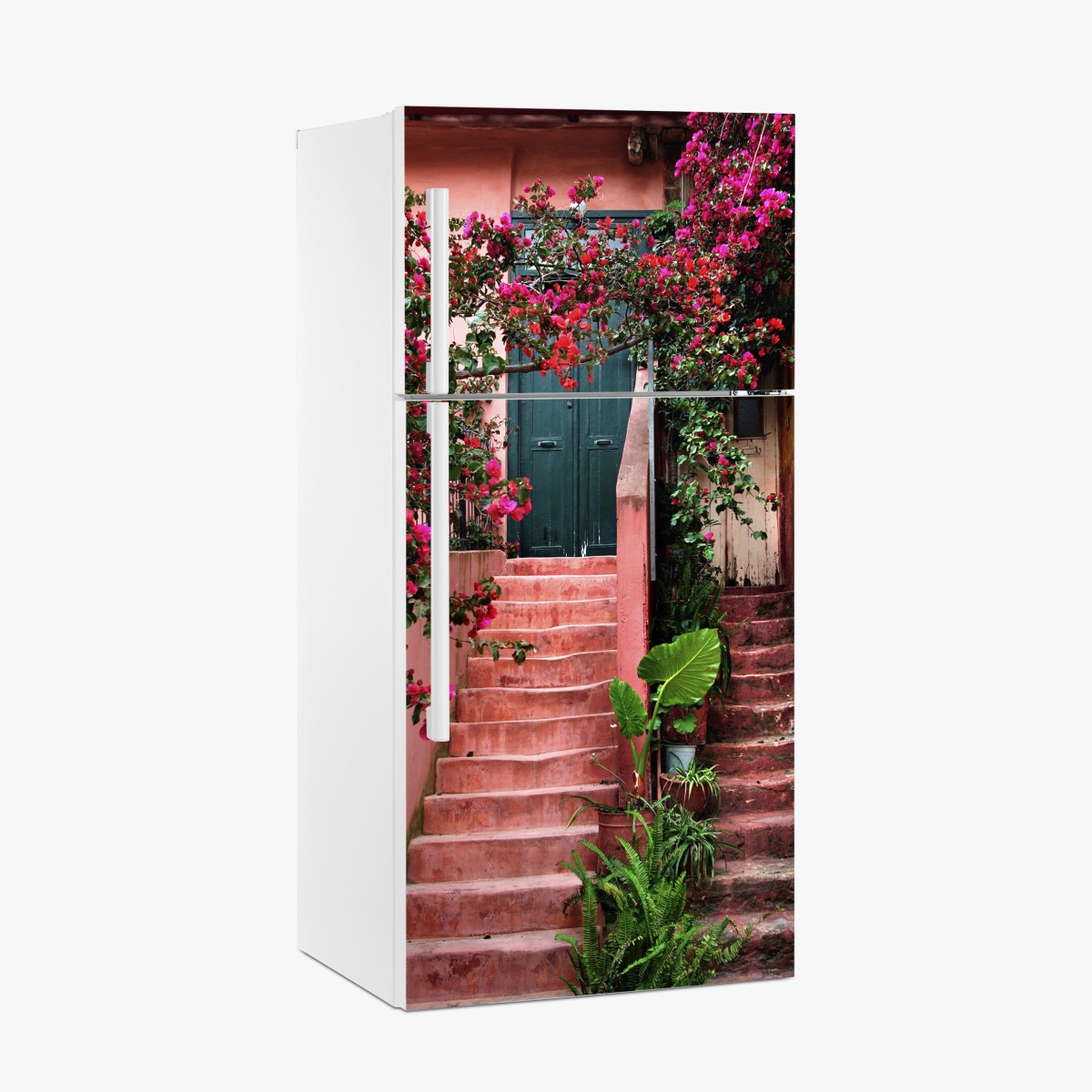 Kühlschrankaufkleber treppe mit bougainvillea und grünen pflanzen – Wallnifity®