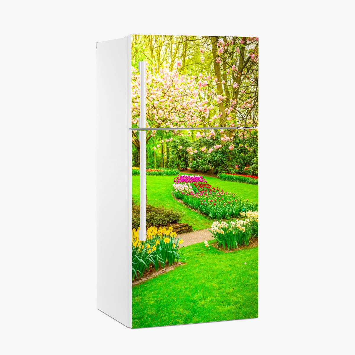 Kühlschrankaufkleber frühlingsgarten in blüte: tulpen und kirschblüten – Wallnifity®