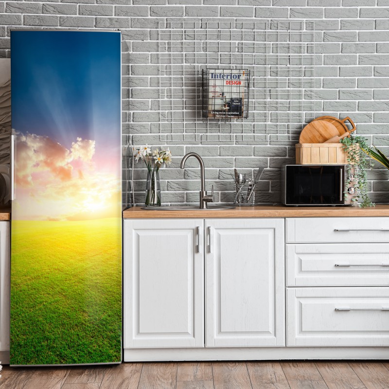 Kühlschrankaufkleber goldener sonnenuntergang über ruhigem strand – Wallnifity®