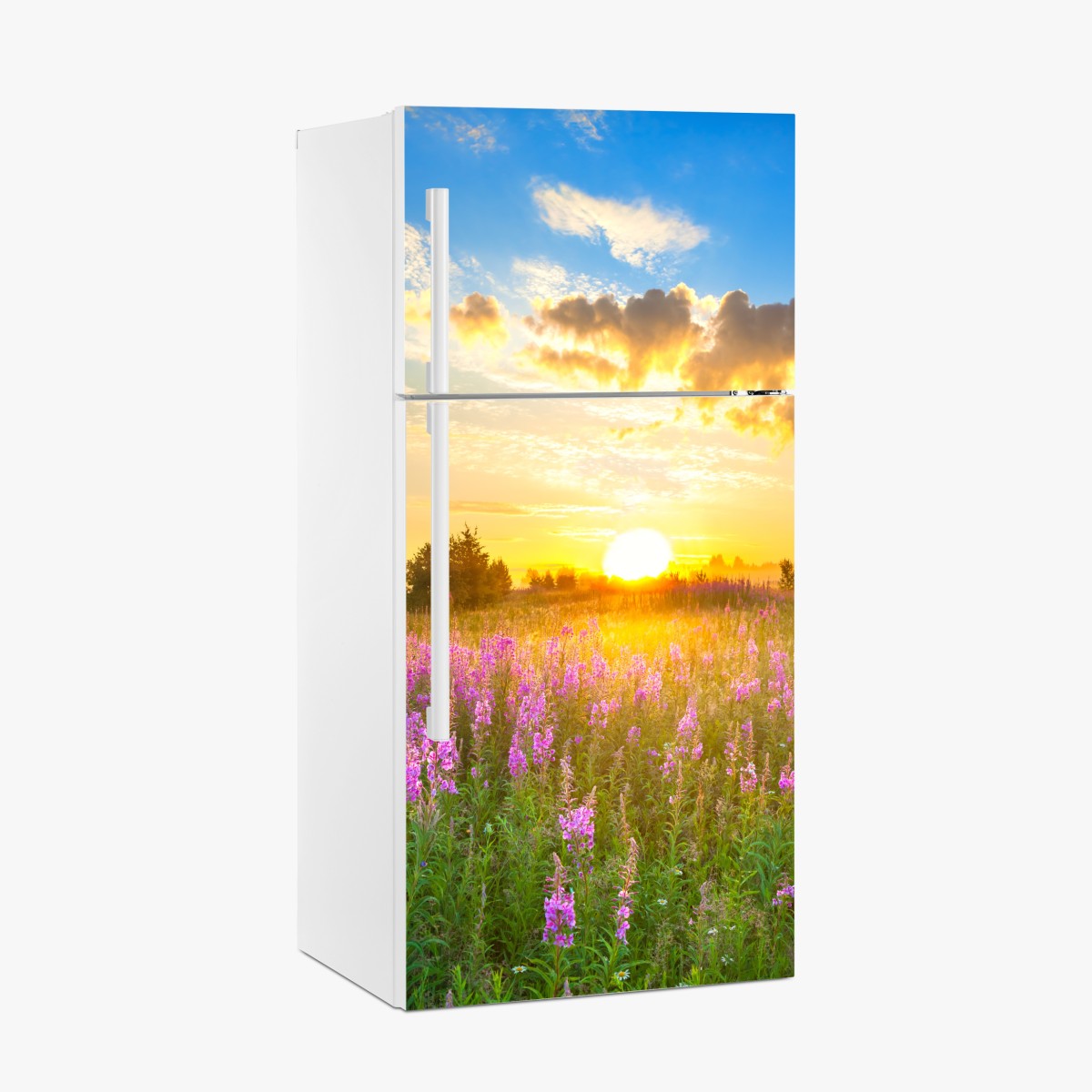 Kühlschrankaufkleber sonnenaufgang über violetter wildblumenwiese – Wallnifity®