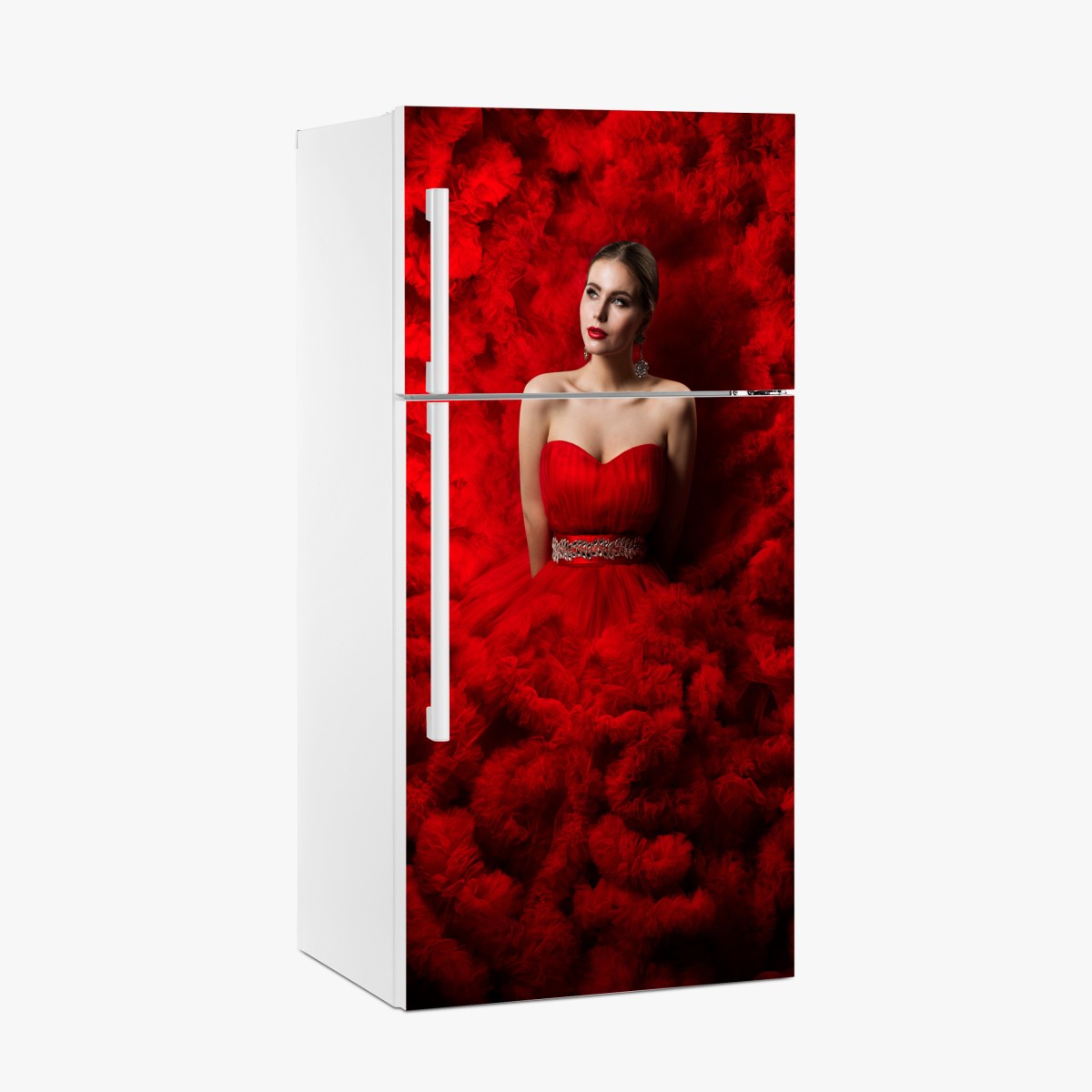 Kühlschrankaufkleber elegantes porträt im roten kleid – Wallnifity®