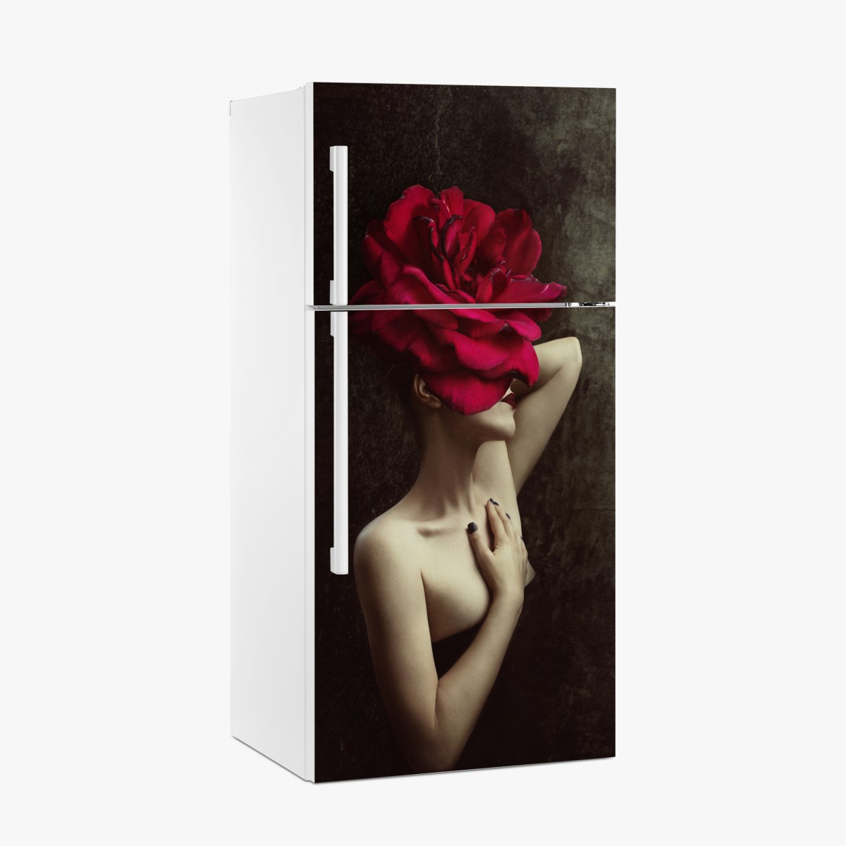 Kühlschrankaufkleber frau mit rosenkopf surreales blumenporträt – Wallnifity®
