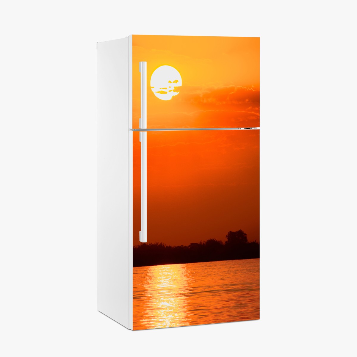 Kühlschrankaufkleber goldener sonnenuntergang über ruhigem see – Wallnifity®