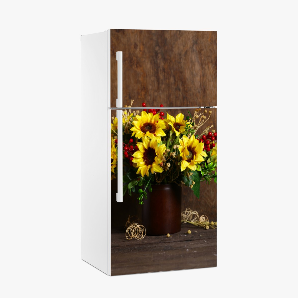 Kühlschrankaufkleber herbstlicher sonnenblumenstrauß vor holzhintergrund – Wallnifity®