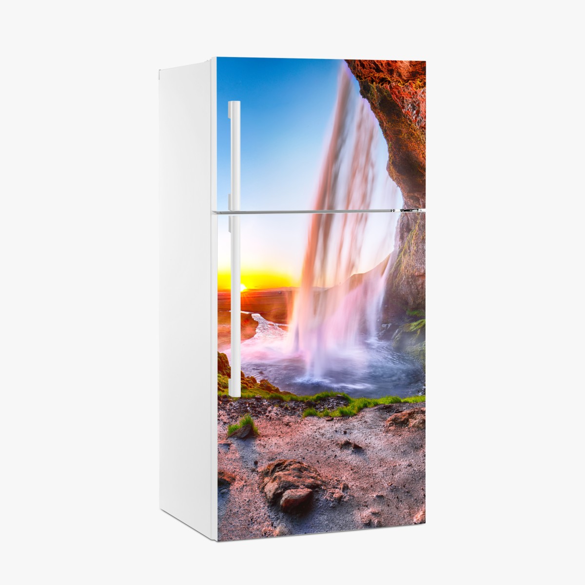 Kühlschrankaufkleber Seljalandsfoss wasserfall bei sonnenuntergang – Wallnifity®