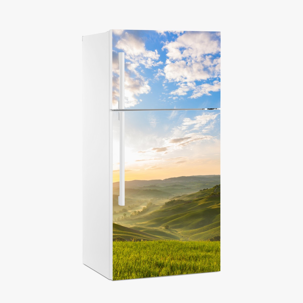 Kühlschrankaufkleber sonnenaufgang über nebligen hügeln – Wallnifity®