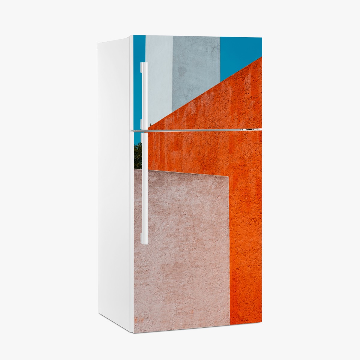 Kühlschrankaufkleber mutige geometrische fassade in orange und türkis – Wallnifity®