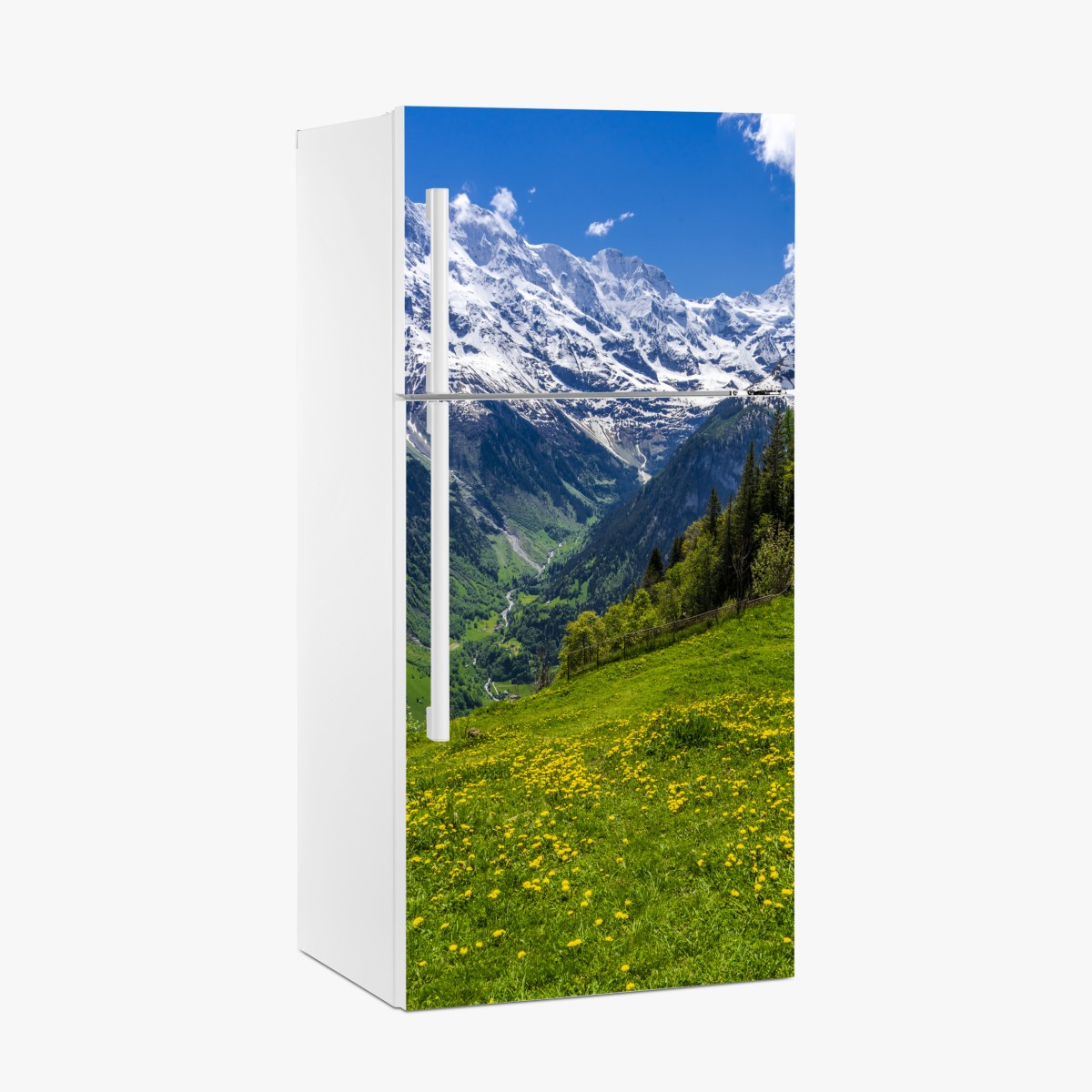 Kühlschrankaufkleber alpwiese im frühling vor schneebedeckten gipfeln – Wallnifity®