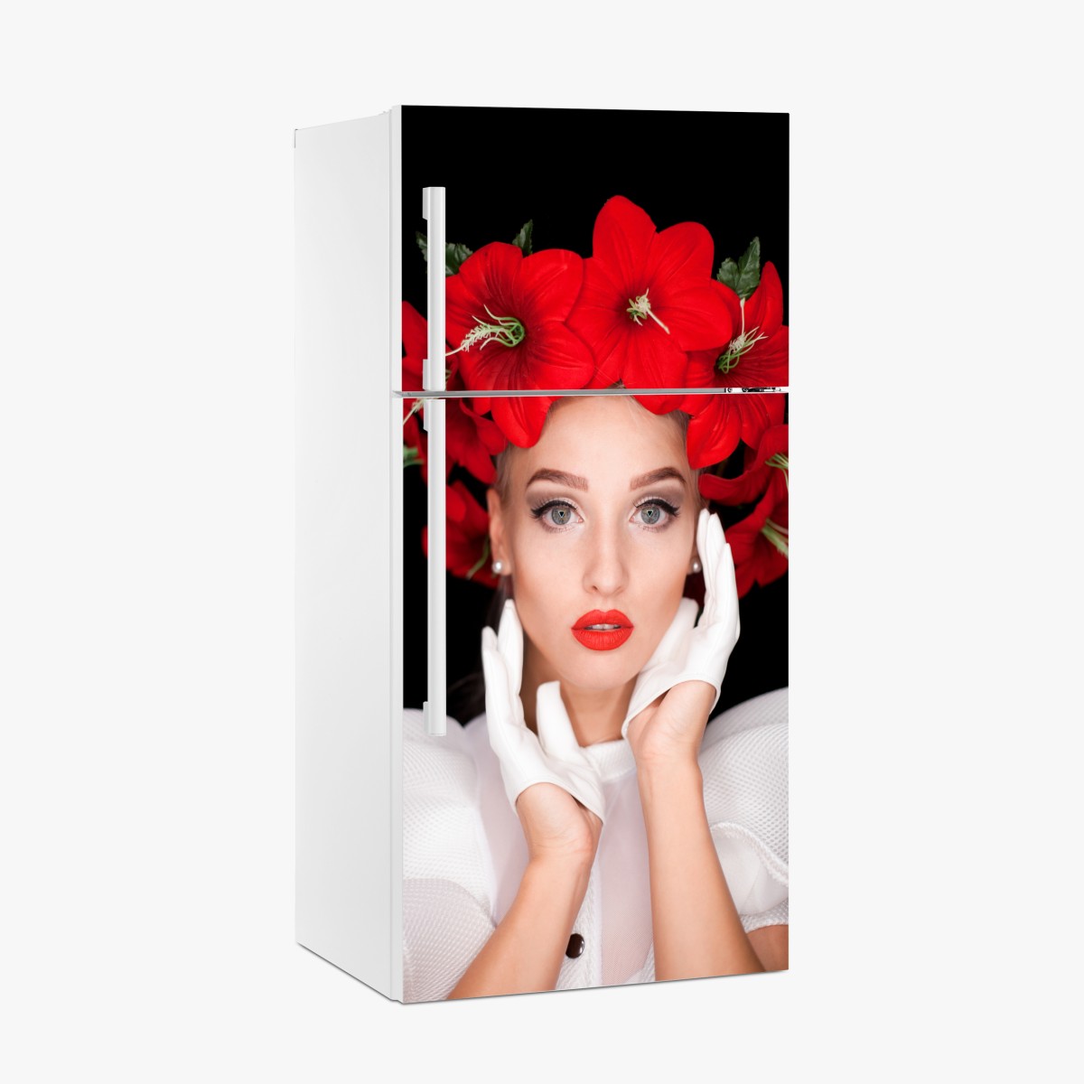 Kühlschrankaufkleber elegantes porträt mit rotem blumenkranz – Wallnifity®