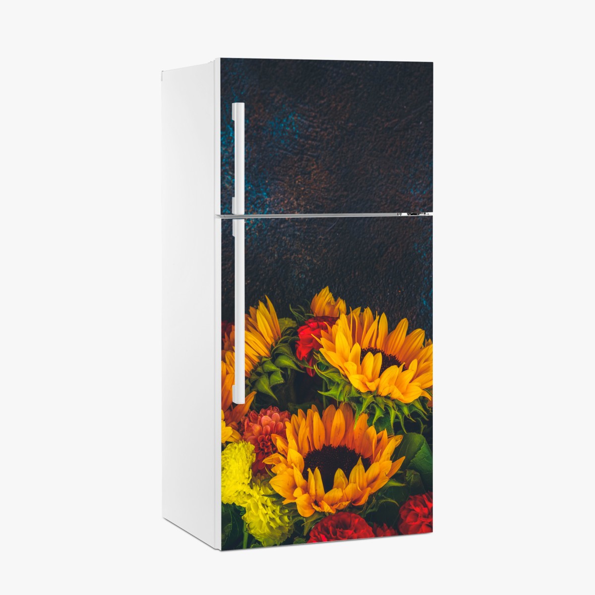 Kühlschrankaufkleber lebendiger sonnenblumenstrauß vor dunklem hintergrund – Wallnifity®