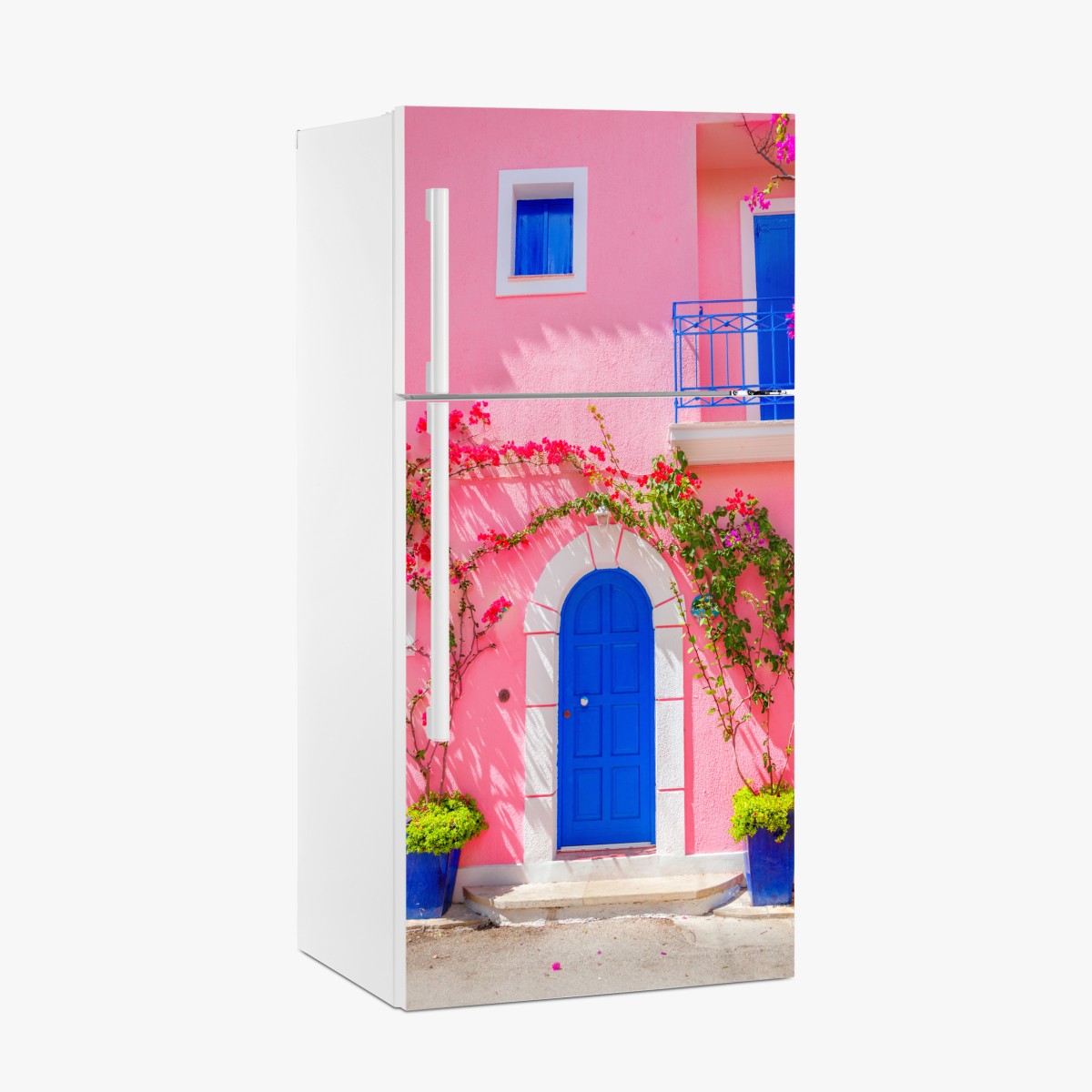 Kühlschrankaufkleber leuchtende rosa fassade mit blauer tür – Wallnifity®