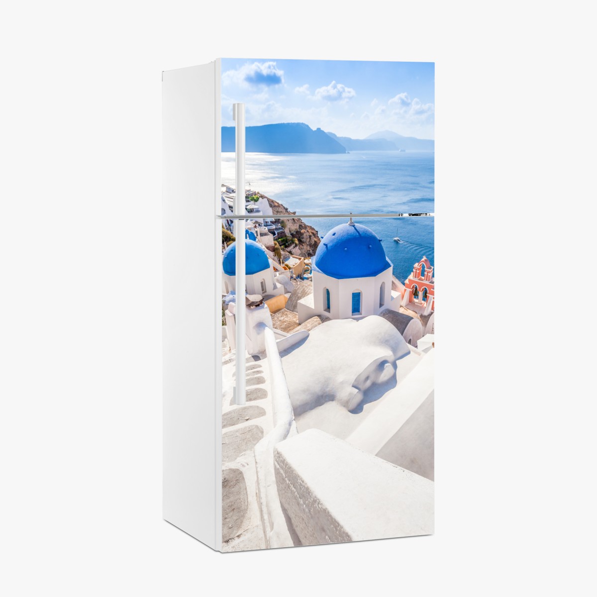 Kühlschrankaufkleber sonniges Santorini blaue kuppeln und meerblick – Wallnifity®