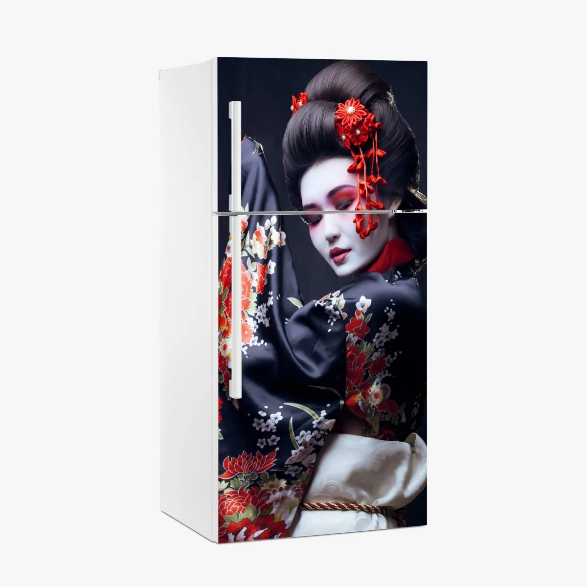 Kühlschrankaufkleber elegantes geisha-porträt in rotem und schwarzem kimono – Wallnifity®